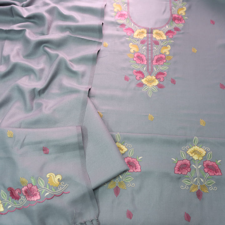 Mirza Sky Grey Kashida Embroidered Semi Pashmina Winter Set