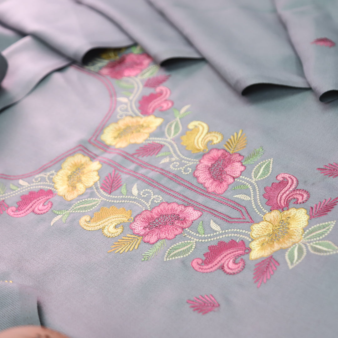 Mirza Sky Grey Kashida Embroidered Semi Pashmina Winter Set