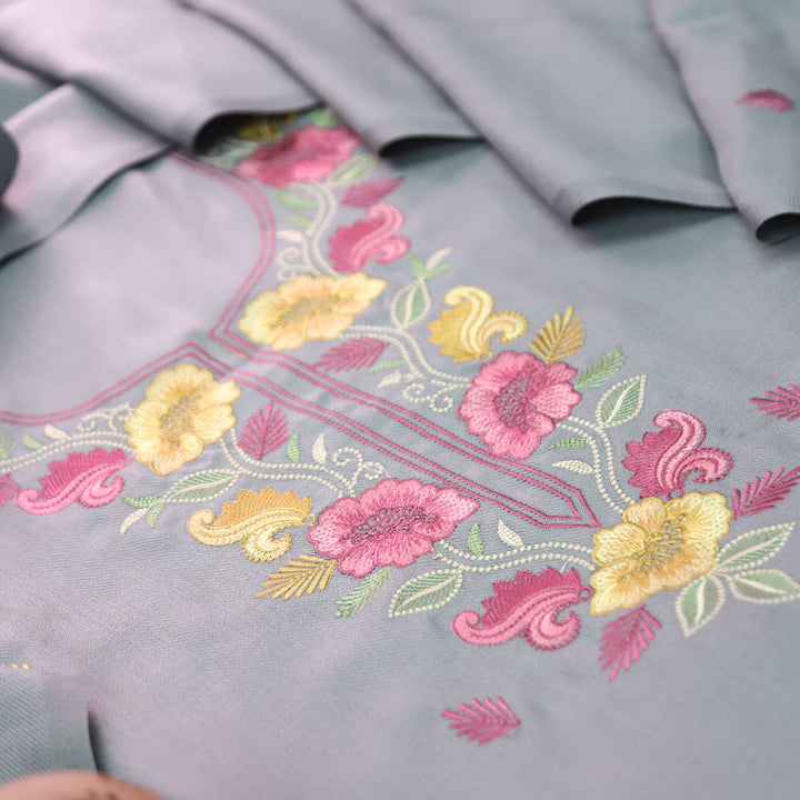 Mirza Sky Grey Kashida Embroidered Semi Pashmina Winter Set