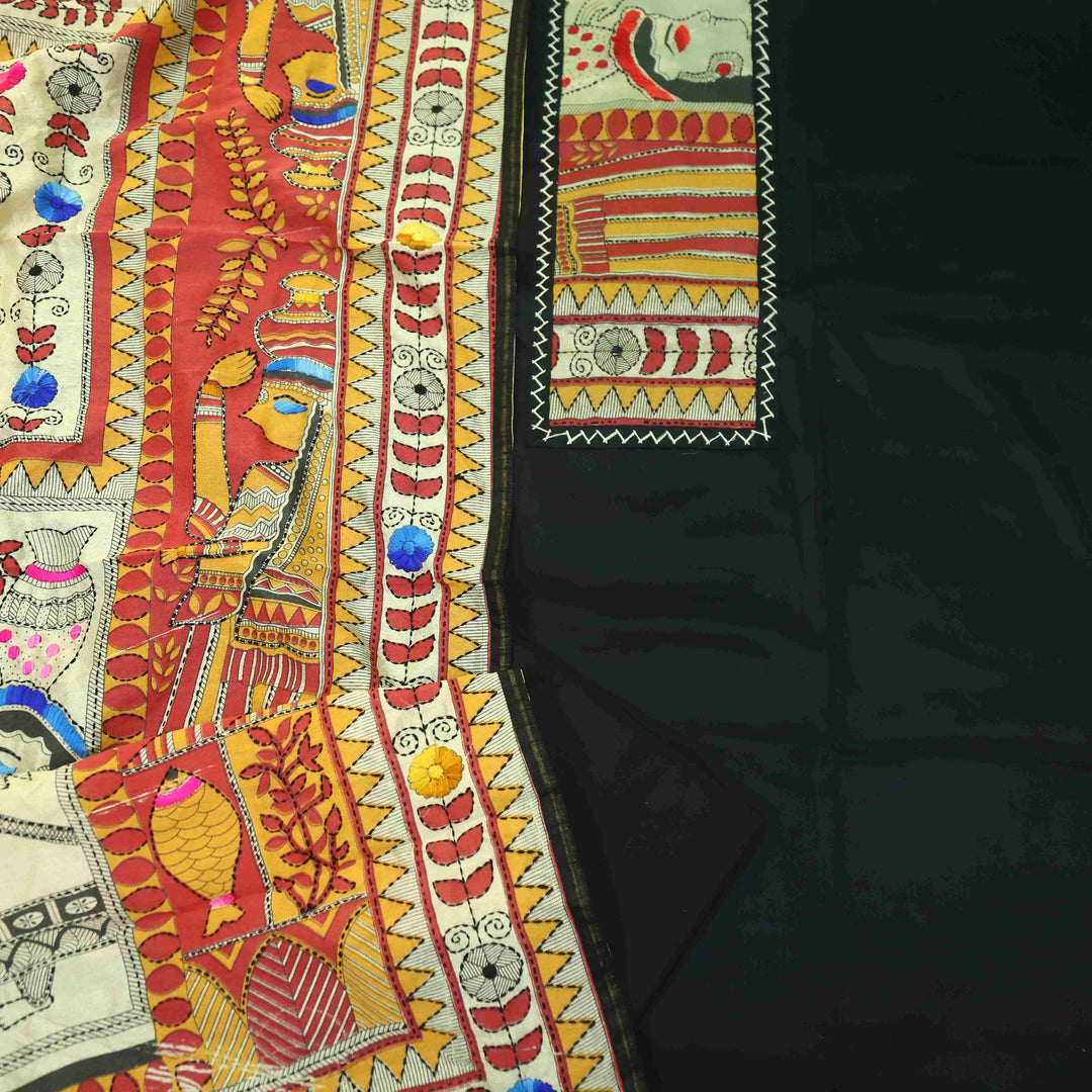 Pankhudi Deep Black Phulkari Work Jam Cotton Top With Art Silk Dupatta