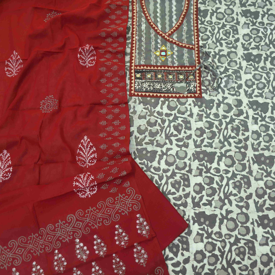 Khairiyat Latte Brown Angrakha Kutch Neck Work Cotton Suit Set D1