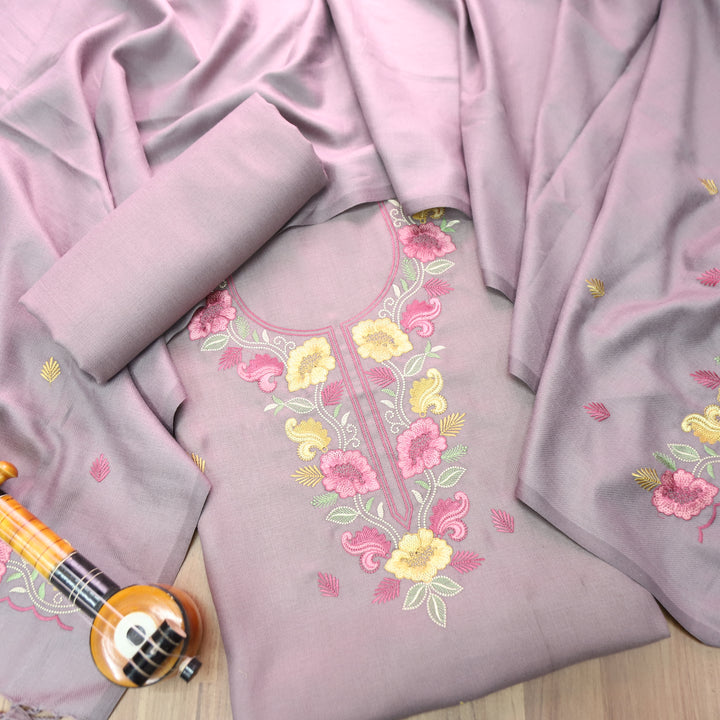 Mirza Helio Lilac Kashida Embroidered Semi Pashmina Winter Set