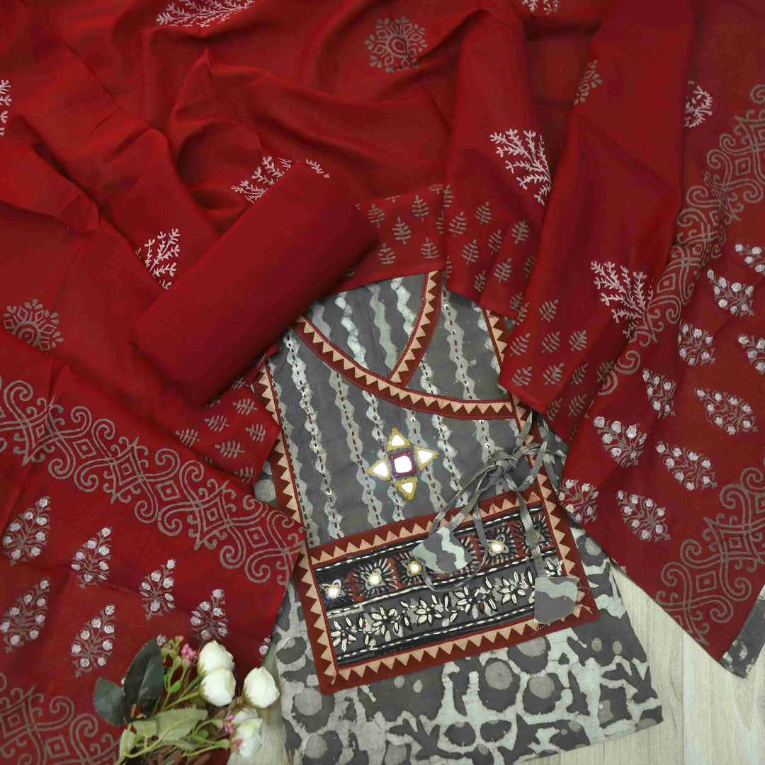 Khairiyat Latte Brown Angrakha Kutch Neck Work Cotton Suit Set D1