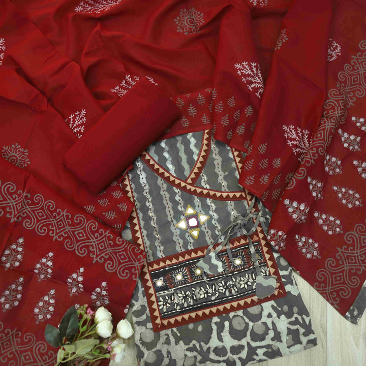 Khairiyat Latte Brown Angrakha Kutch Neck Work Cotton Suit Set D1