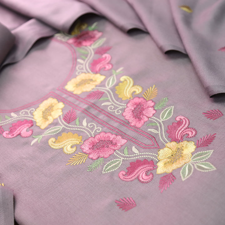Mirza Helio Lilac Kashida Embroidered Semi Pashmina Winter Set