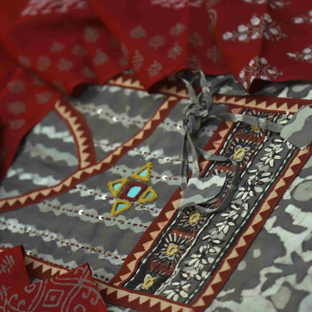 Khairiyat Latte Brown Angrakha Kutch Neck Work Cotton Suit Set D1