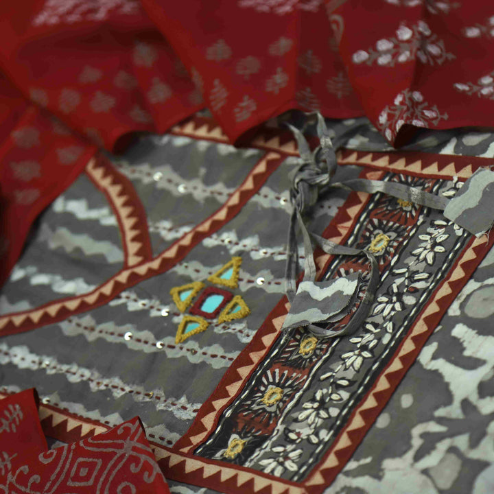 Khairiyat Latte Brown Angrakha Kutch Neck Work Cotton Suit Set D1