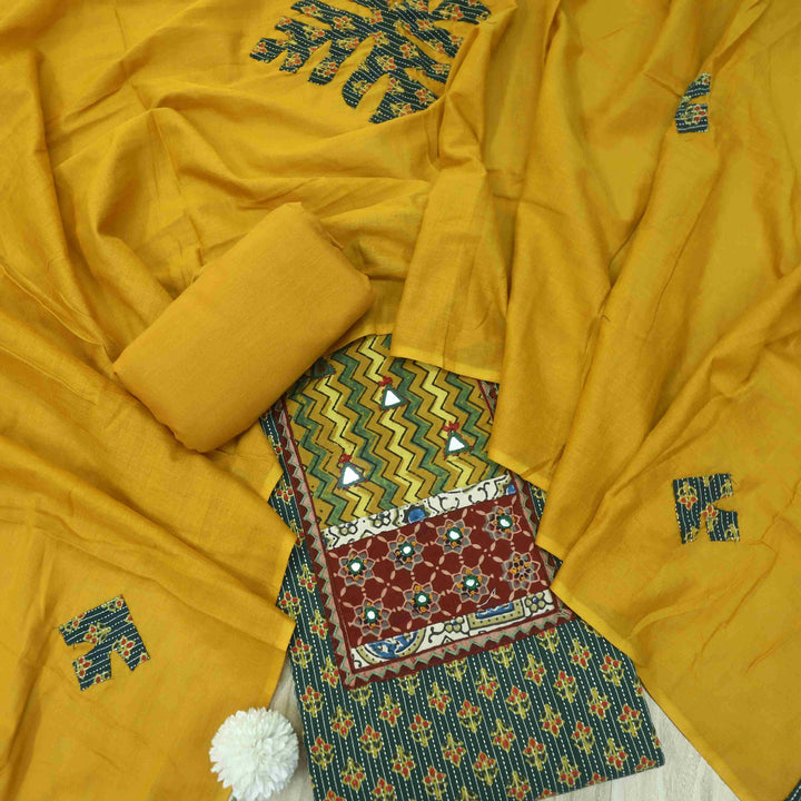 Ruhani Forest Green Ajrak Print Mirror Work Cotton Top With Printed Dupatta-D2