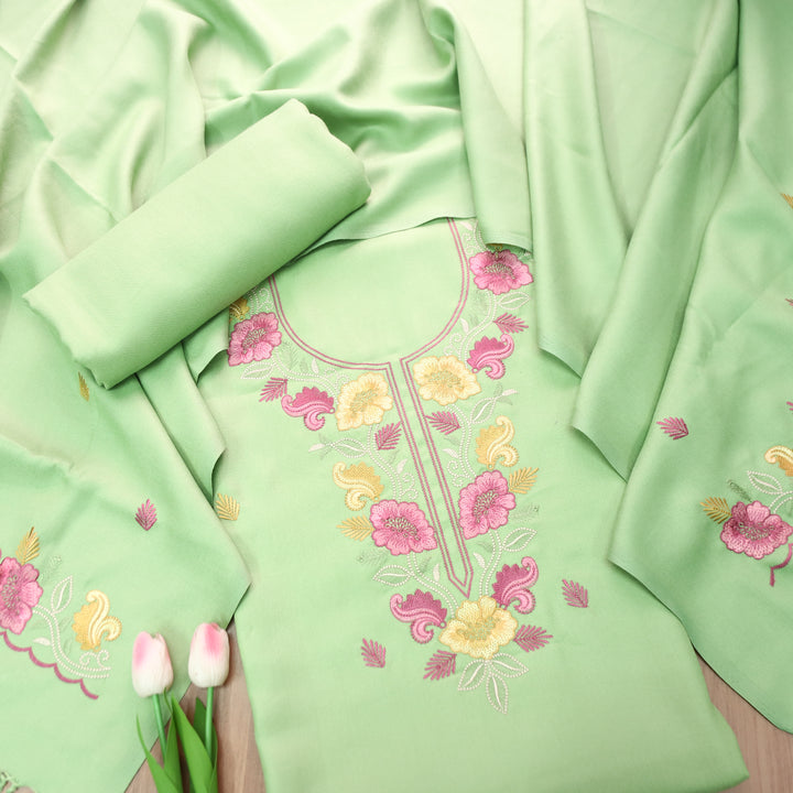 Mirza Mint Green Kashida Embroidered Semi Pashmina Winter Set