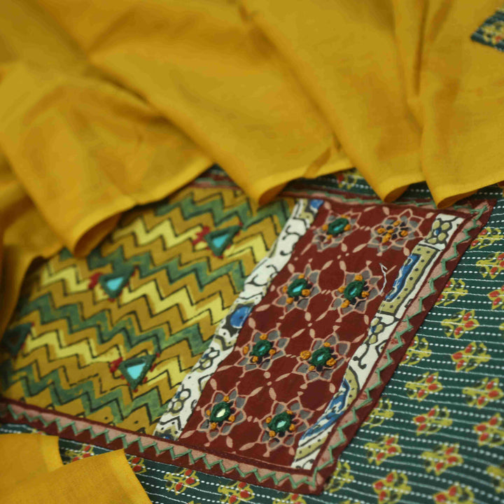 Ruhani Forest Green Ajrak Print Mirror Work Cotton Top With Printed Dupatta-D2