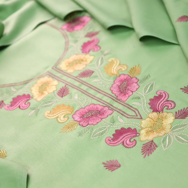 Mirza Mint Green Kashida Embroidered Semi Pashmina Winter Set