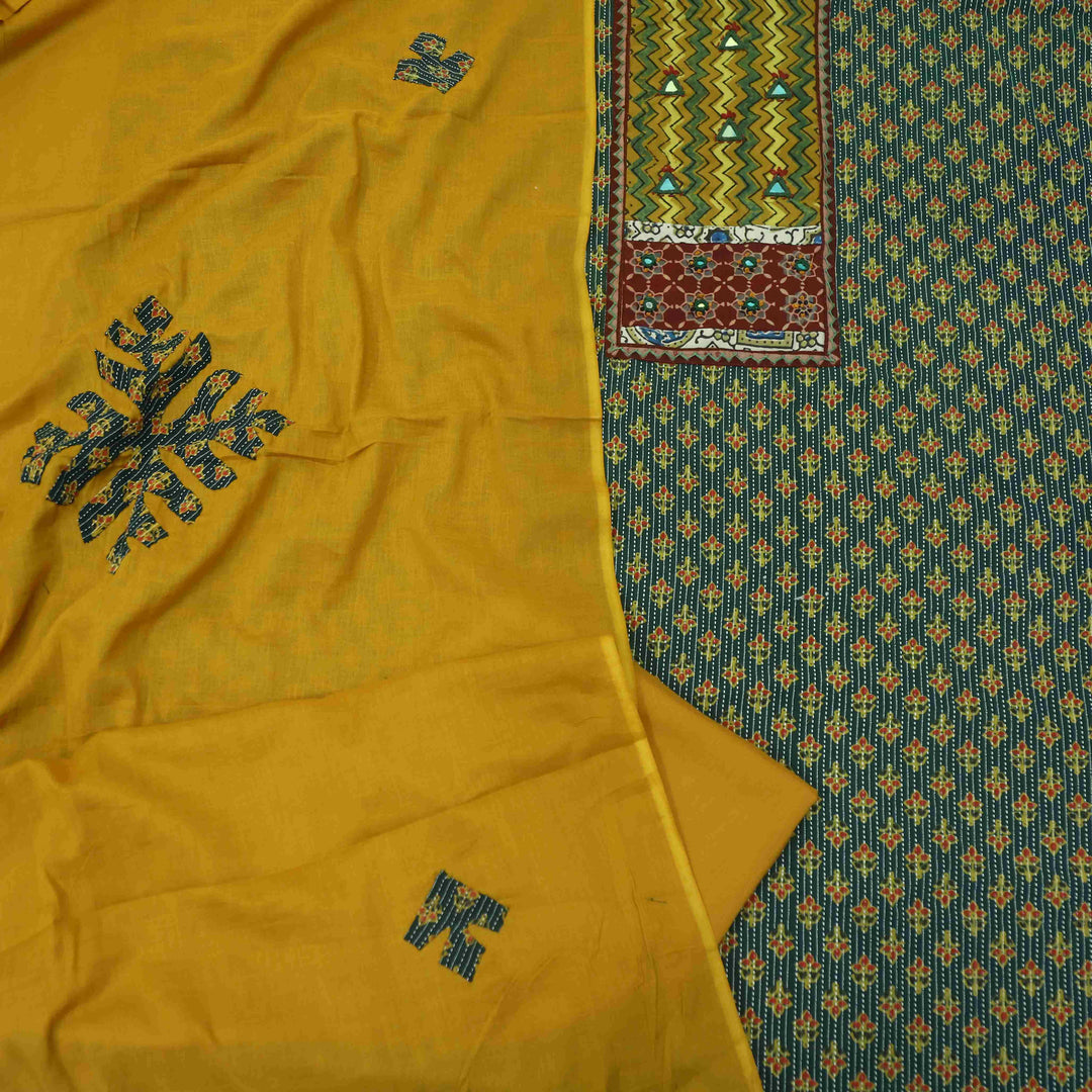 Ruhani Forest Green Ajrak Print Mirror Work Cotton Top With Printed Dupatta-D2