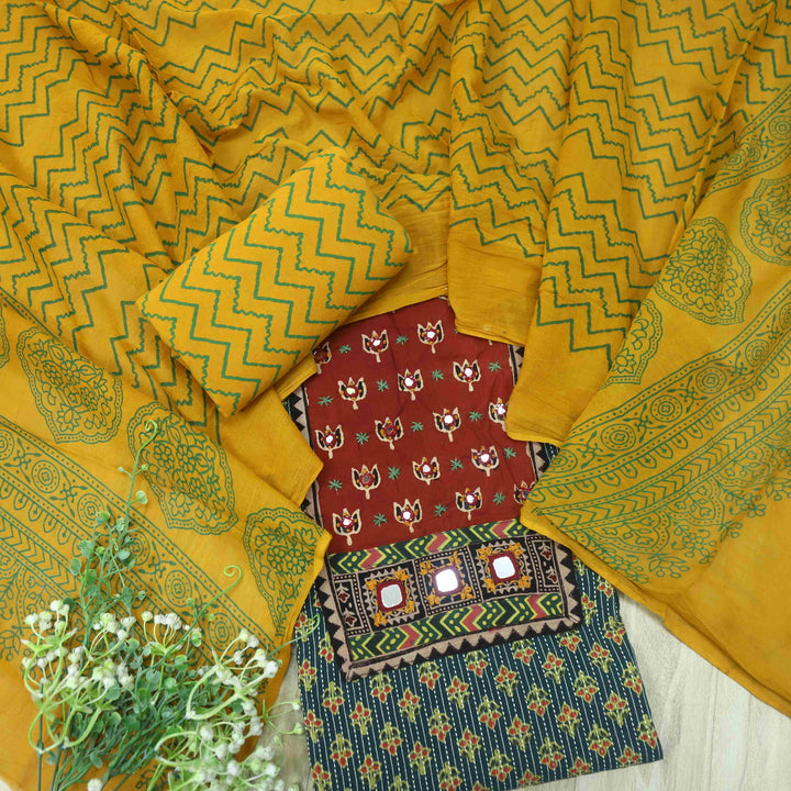 Ruhani Forest Green Ajrak Print Mirror Work Cotton Top With Printed Dupatta-D1