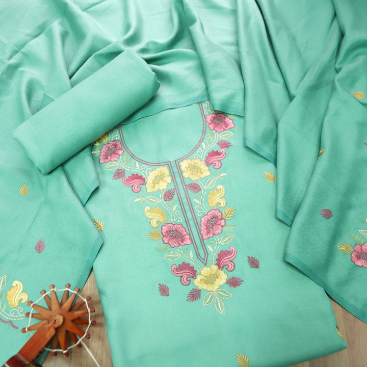 Mirza Ocean Aqua  Kashida Embroidered Semi Pashmina Winter Set
