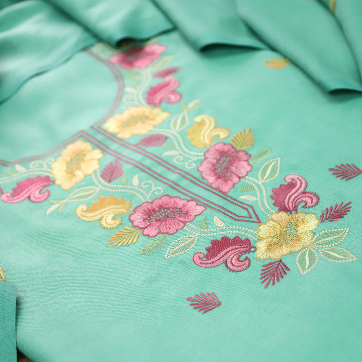 Mirza Ocean Aqua  Kashida Embroidered Semi Pashmina Winter Set