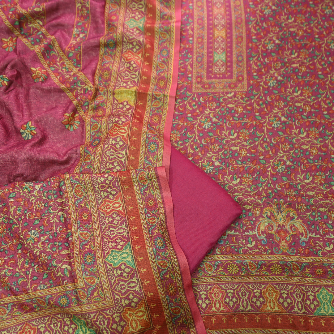 काशगिरि Magenta Pink Kanni Floral Printed Semi Pashmina Winter Set