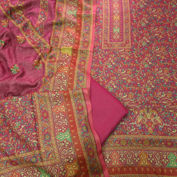 काशगिरि Magenta Pink Kanni Floral Printed Semi Pashmina Winter Set