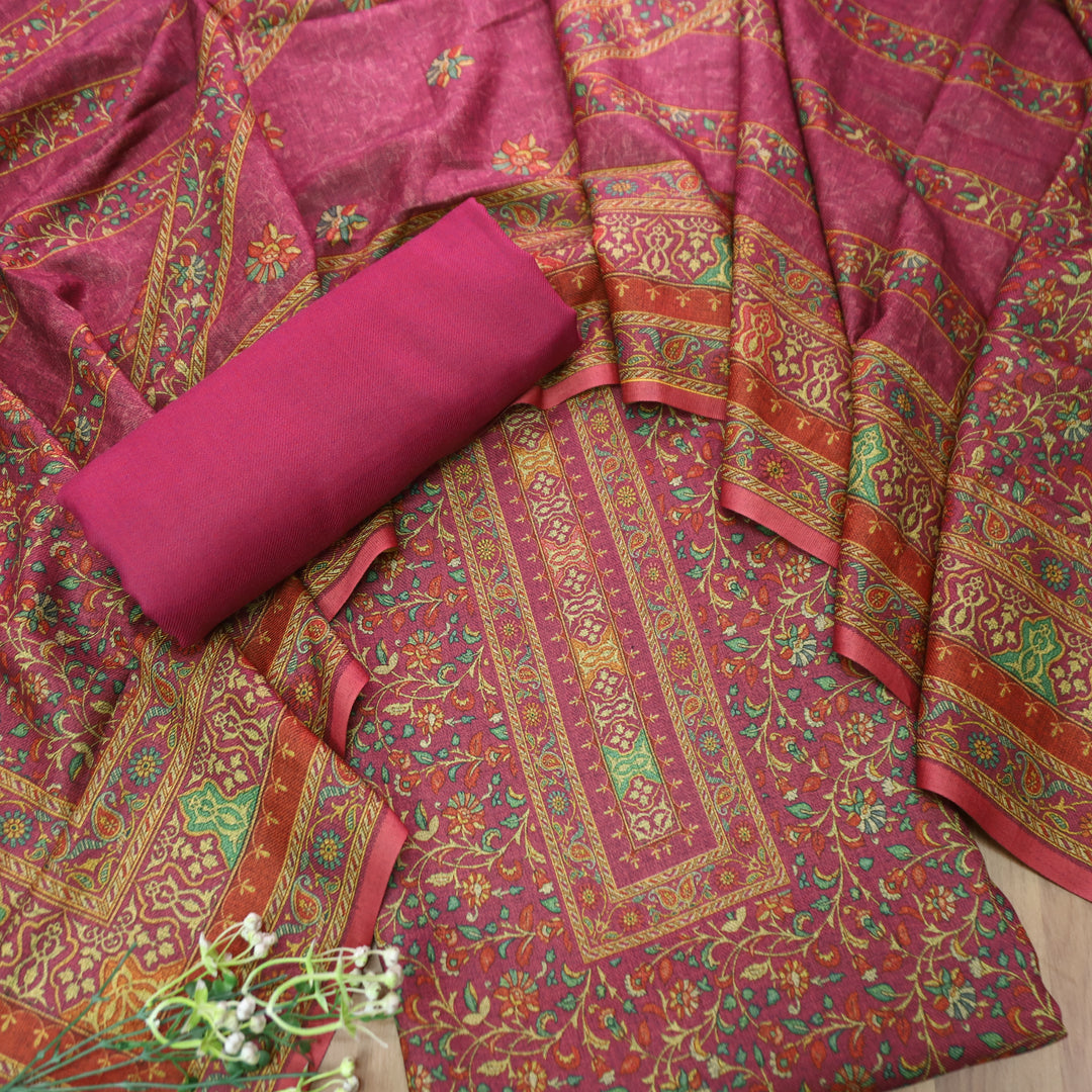 काशगिरि Magenta Pink Kanni Floral Printed Semi Pashmina Winter Set