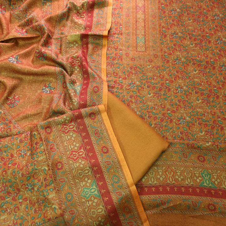 काशगिरि Dijon Yellow Kanni Floral Printed Semi Pashmina Winter Set