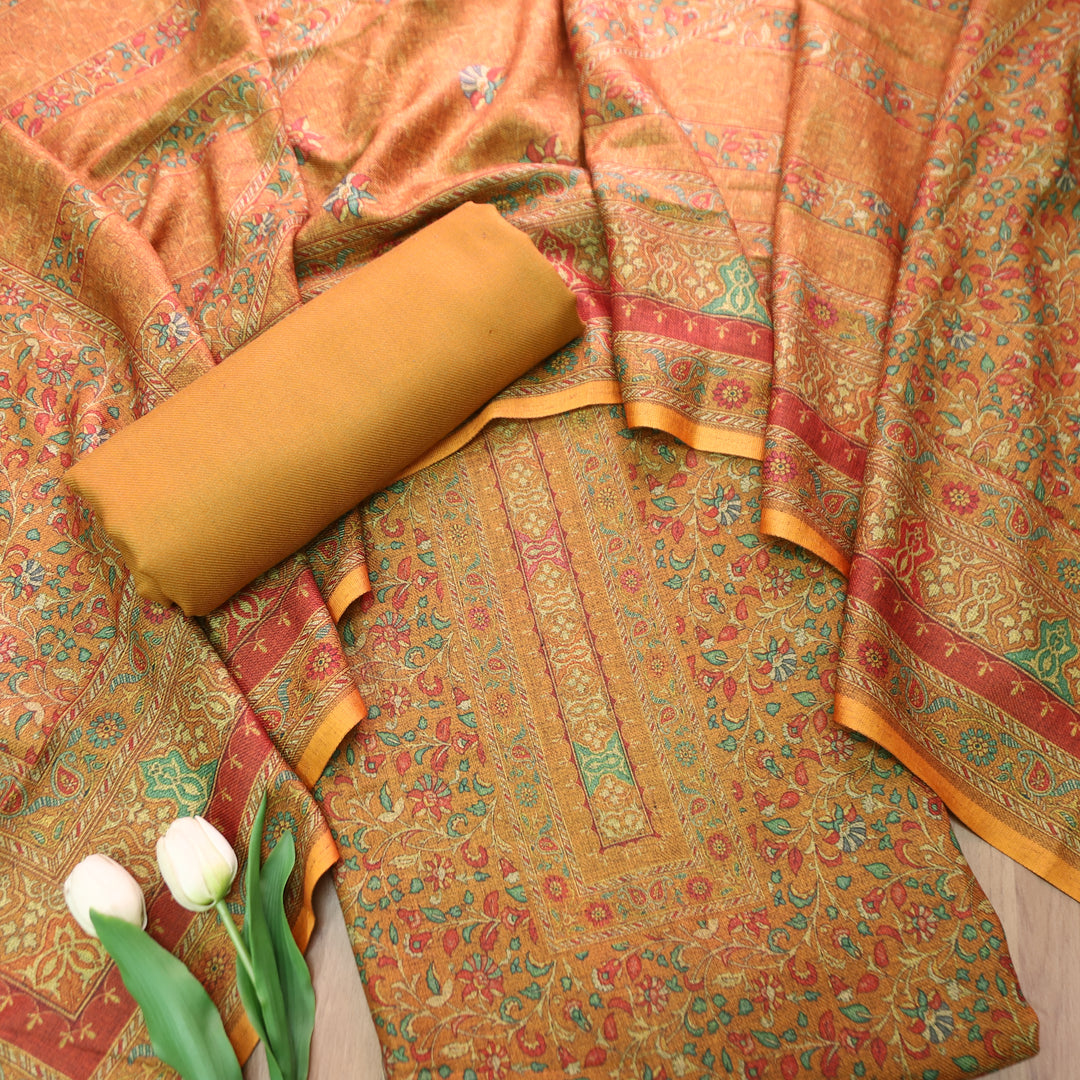 काशगिरि Dijon Yellow Kanni Floral Printed Semi Pashmina Winter Set