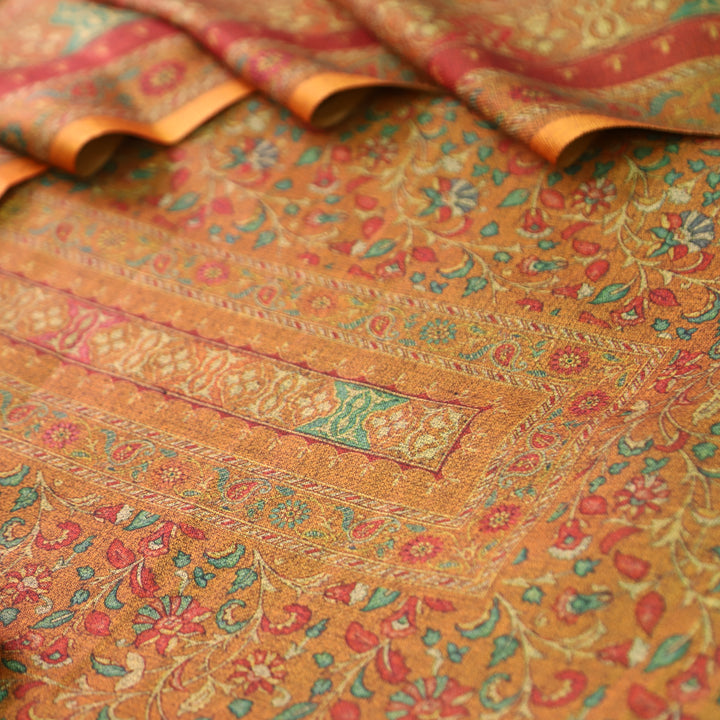 काशगिरि Dijon Yellow Kanni Floral Printed Semi Pashmina Winter Set