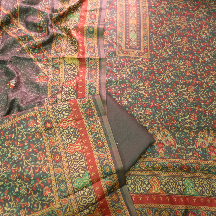 काशगिरि Fossil Grey Yellow Kanni Floral Printed Semi Pashmina Winter Set