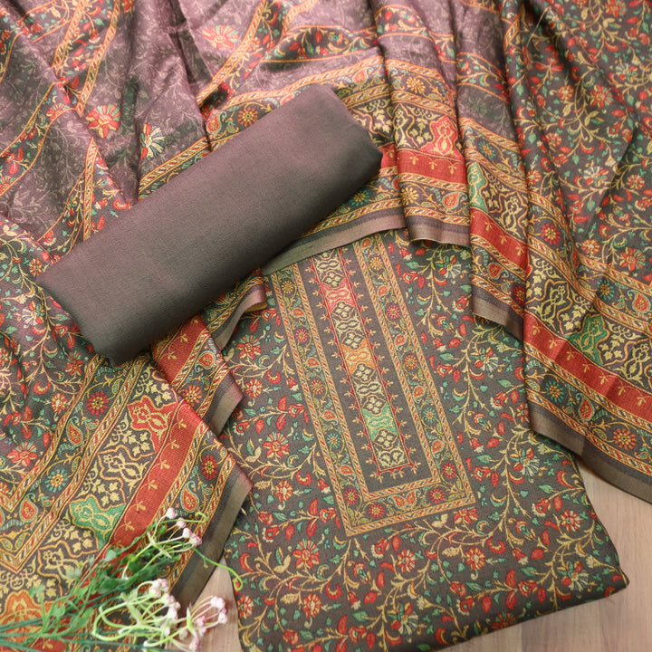 काशगिरि Fossil Grey Yellow Kanni Floral Printed Semi Pashmina Winter Set