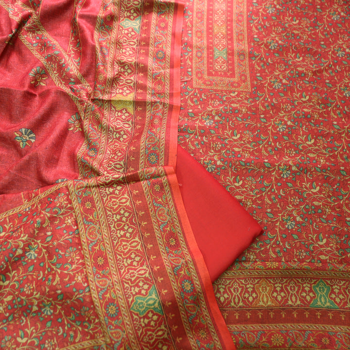 काशगिरि Tomato Red Yellow Kanni Floral Printed Semi Pashmina Winter Set