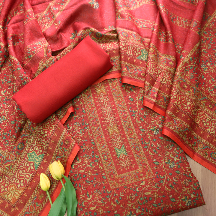 काशगिरि Tomato Red Yellow Kanni Floral Printed Semi Pashmina Winter Set