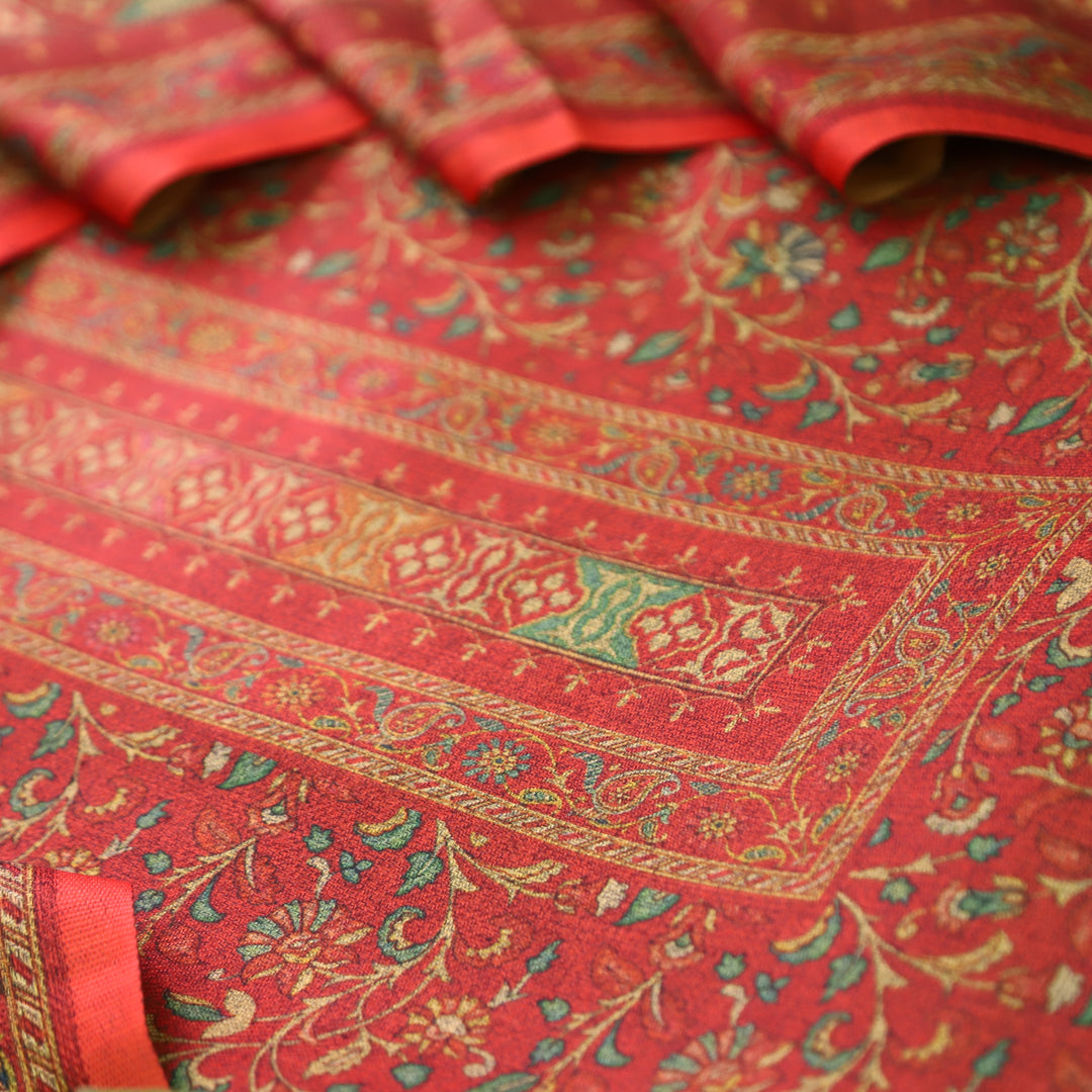 काशगिरि Tomato Red Yellow Kanni Floral Printed Semi Pashmina Winter Set