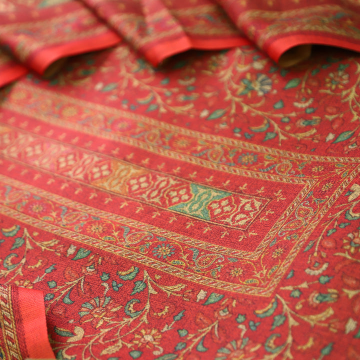 काशगिरि Tomato Red Yellow Kanni Floral Printed Semi Pashmina Winter Set