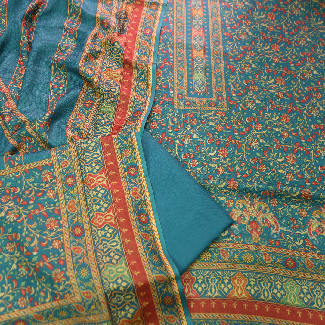 काशगिरि Aqua Teal Yellow Kanni Floral Printed Semi Pashmina Winter Set
