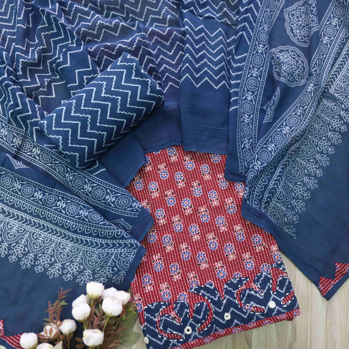 Patang Blood Red Applique Work with Ajrak Print Cotton Suit Set