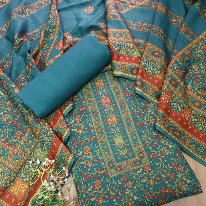 काशगिरि Aqua Teal Yellow Kanni Floral Printed Semi Pashmina Winter Set