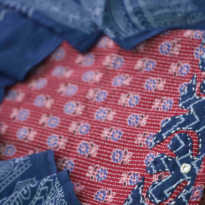 Patang Blood Red Applique Work with Ajrak Print Cotton Suit Set