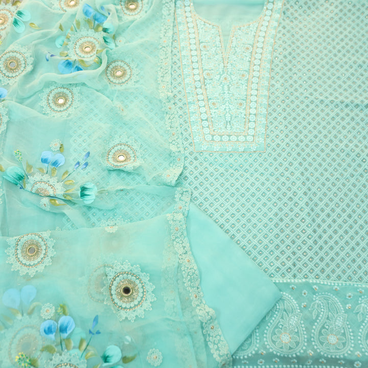 Nushrat Ocean Aqua All Over Thread Work Georgette Set