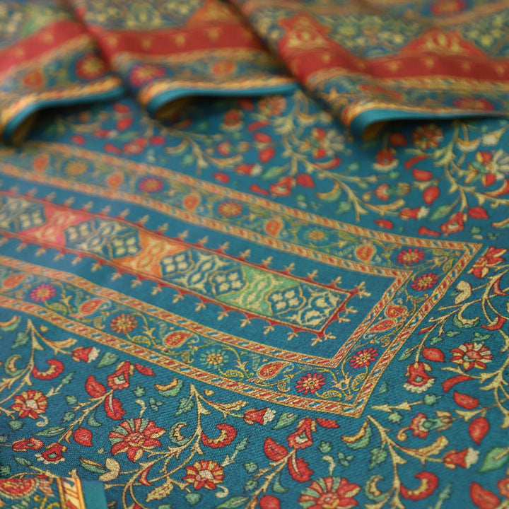 काशगिरि Aqua Teal Yellow Kanni Floral Printed Semi Pashmina Winter Set