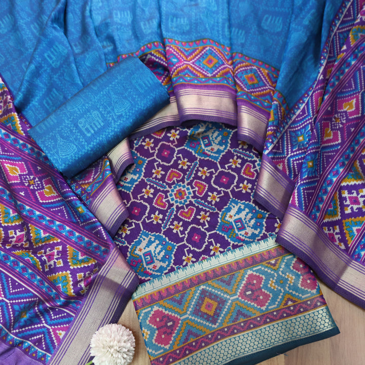 Raya Indigo Blue Patola Shadow Printed Work Muslin Set
