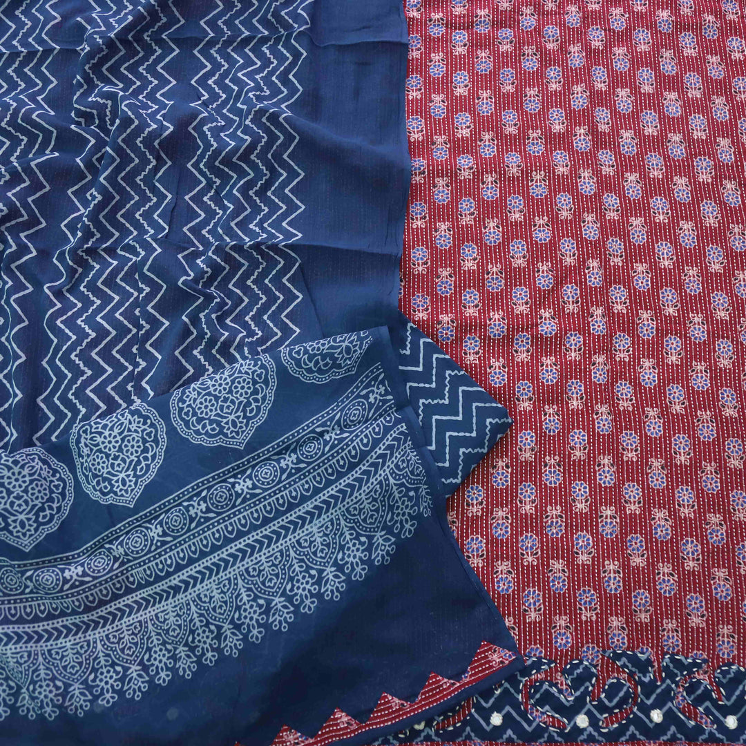 Patang Blood Red Applique Work with Ajrak Print Cotton Suit Set