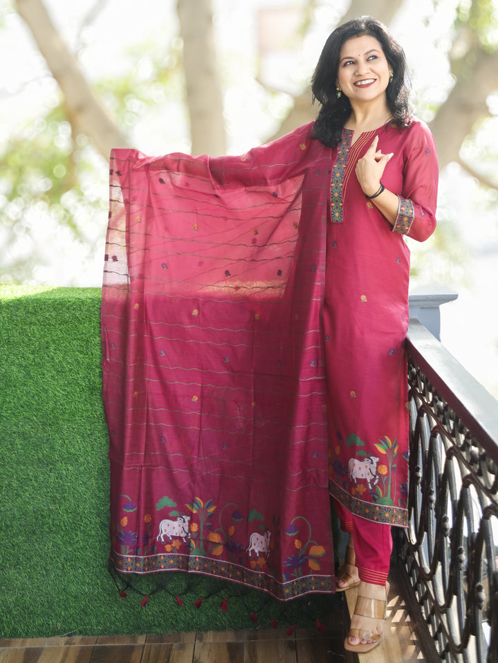Subhadra Cranberry Pink Collar Running Thread Pichwai Jamdani Chanderi 3 Piece Set