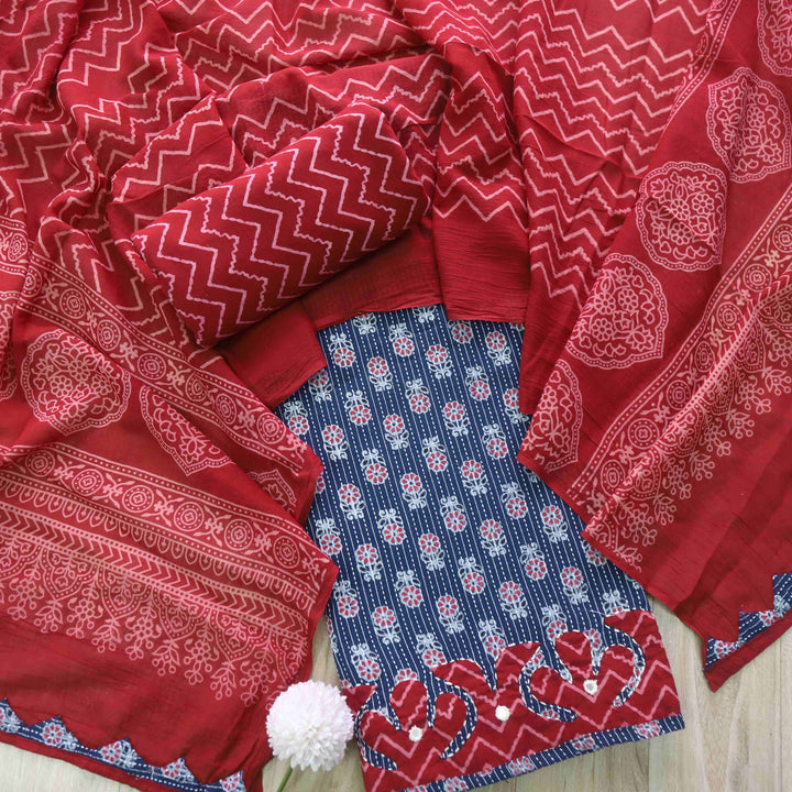 Patang Cold Blue Applique Work with Ajrak Print Cotton Suit Set