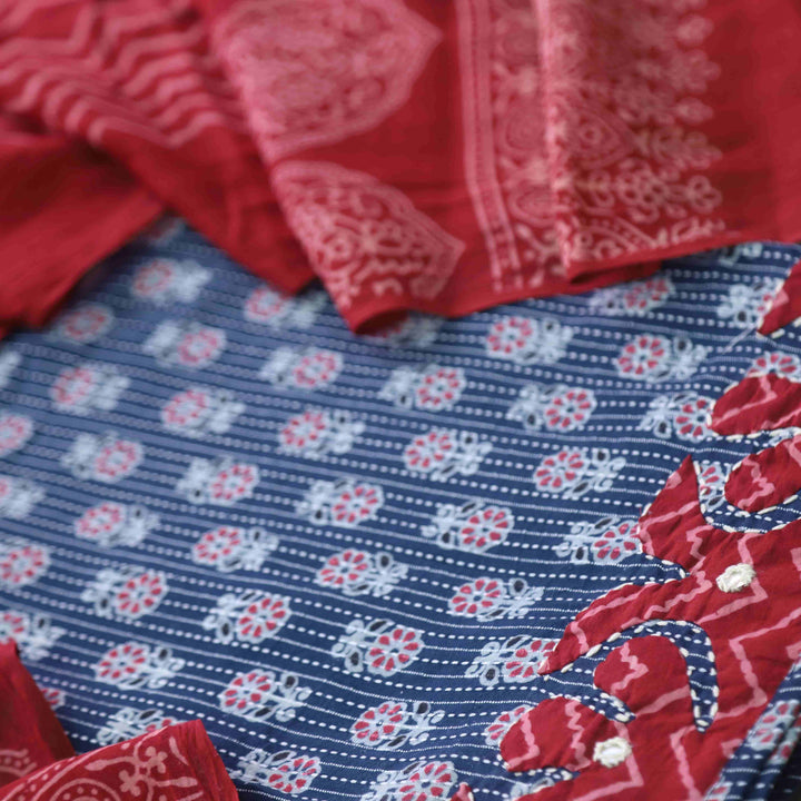 Patang Cold Blue Applique Work with Ajrak Print Cotton Suit Set