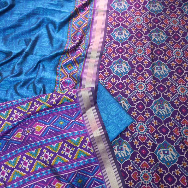 Raya Indigo Blue Patola Shadow Printed Work Muslin Set