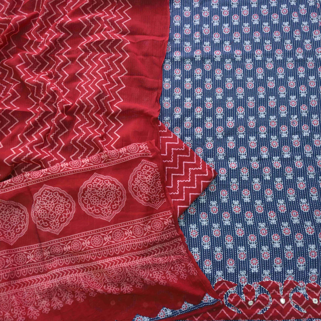 Patang Cold Blue Applique Work with Ajrak Print Cotton Suit Set