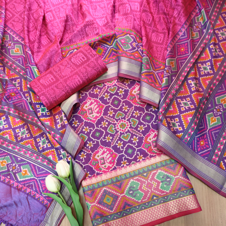 Raya Violet Purple Patola Shadow Printed Work Muslin Set