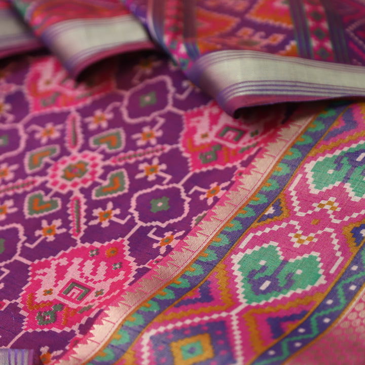 Raya Violet Purple Patola Shadow Printed Work Muslin Set