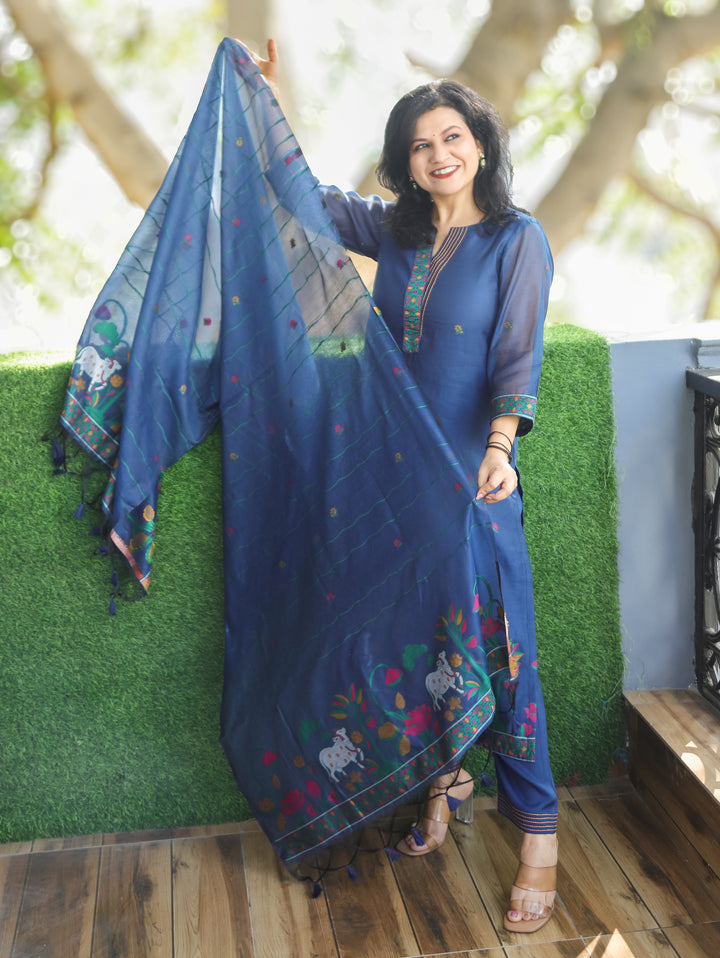 Subhadra Denim Blue Collar Running Thread Pichwai Jamdani Chanderi 3 Piece Set