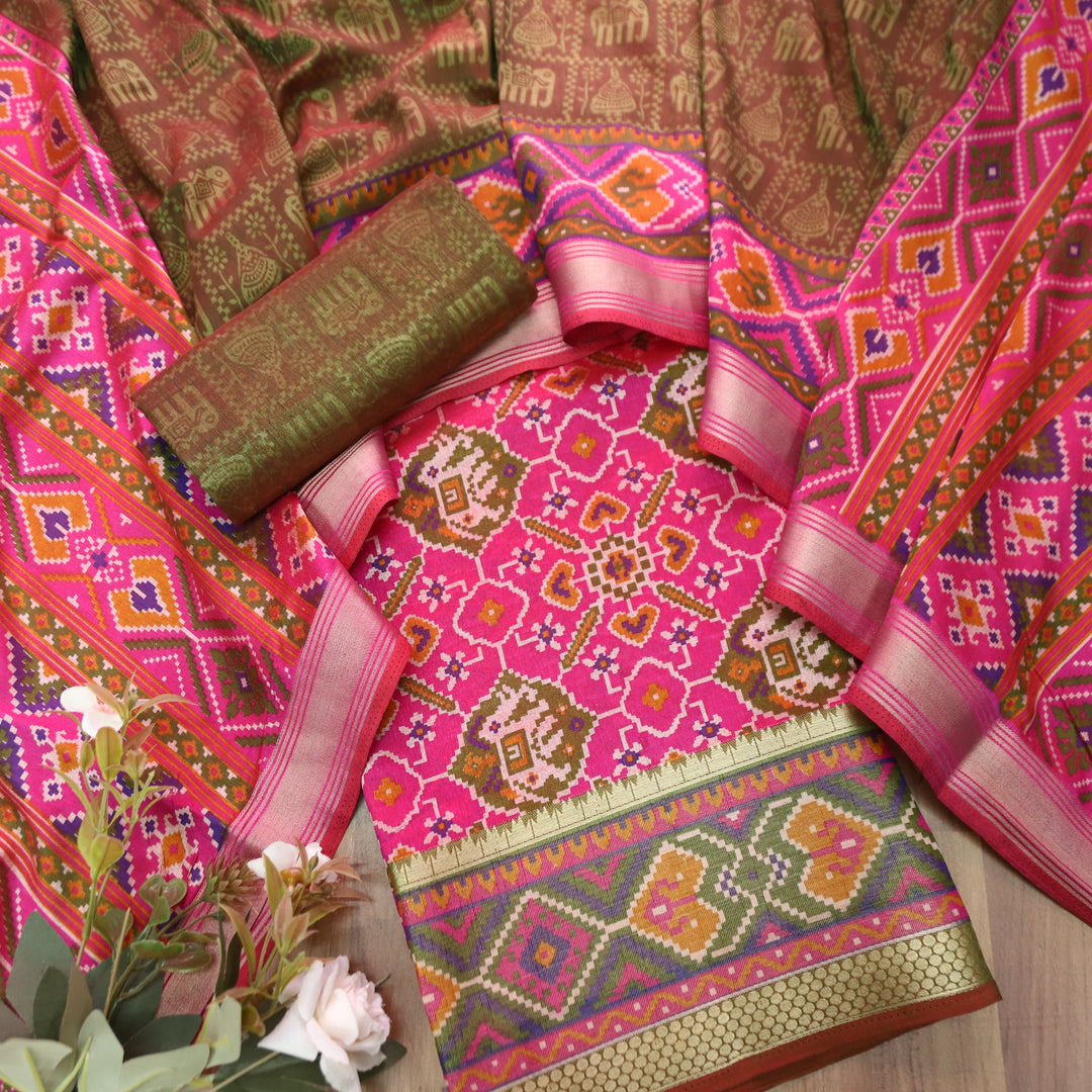 Raya Bright Pink Patola Shadow Printed Work Muslin Set