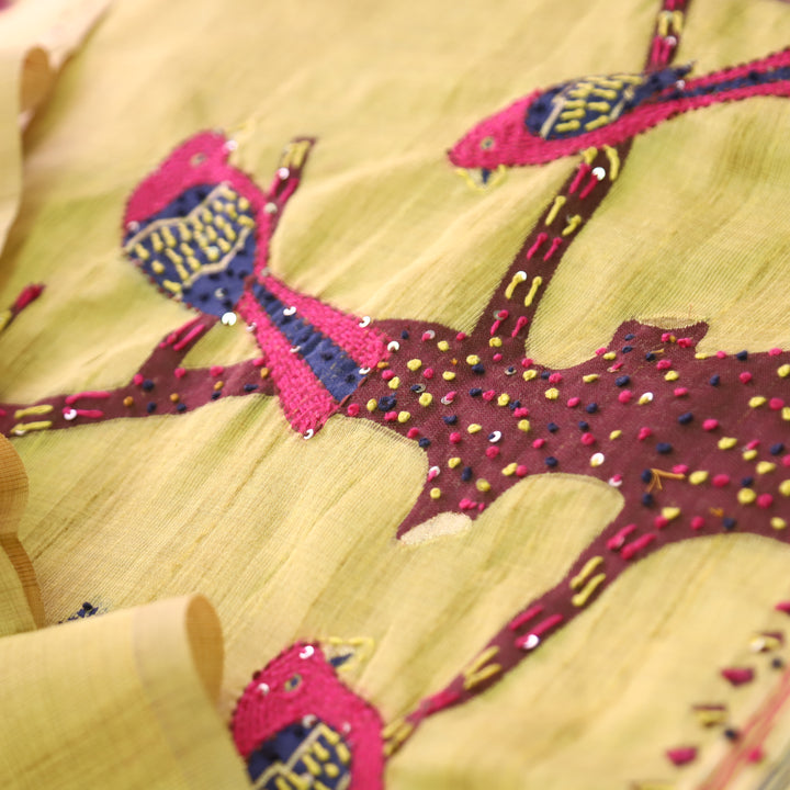 Ambarsari Yellow French Knot Bird Embroidered Work Linen Set