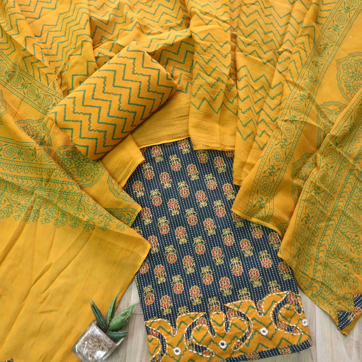 Patang Forest Green Applique Work with Ajrak Print Cotton Suit Set